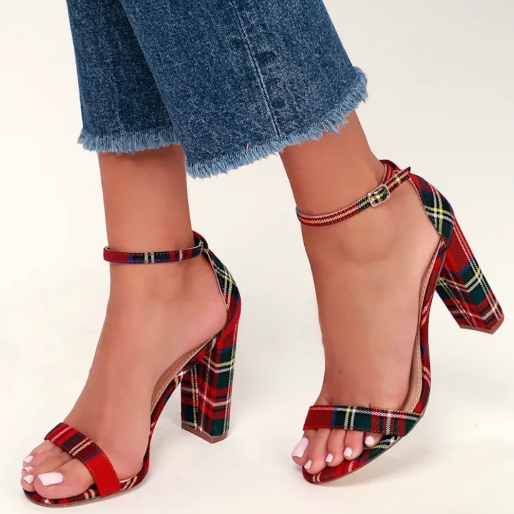 🆕Lulus Size 7.5 Taylor Red Tartan Ankle Strap Heels Plaid Open Toe